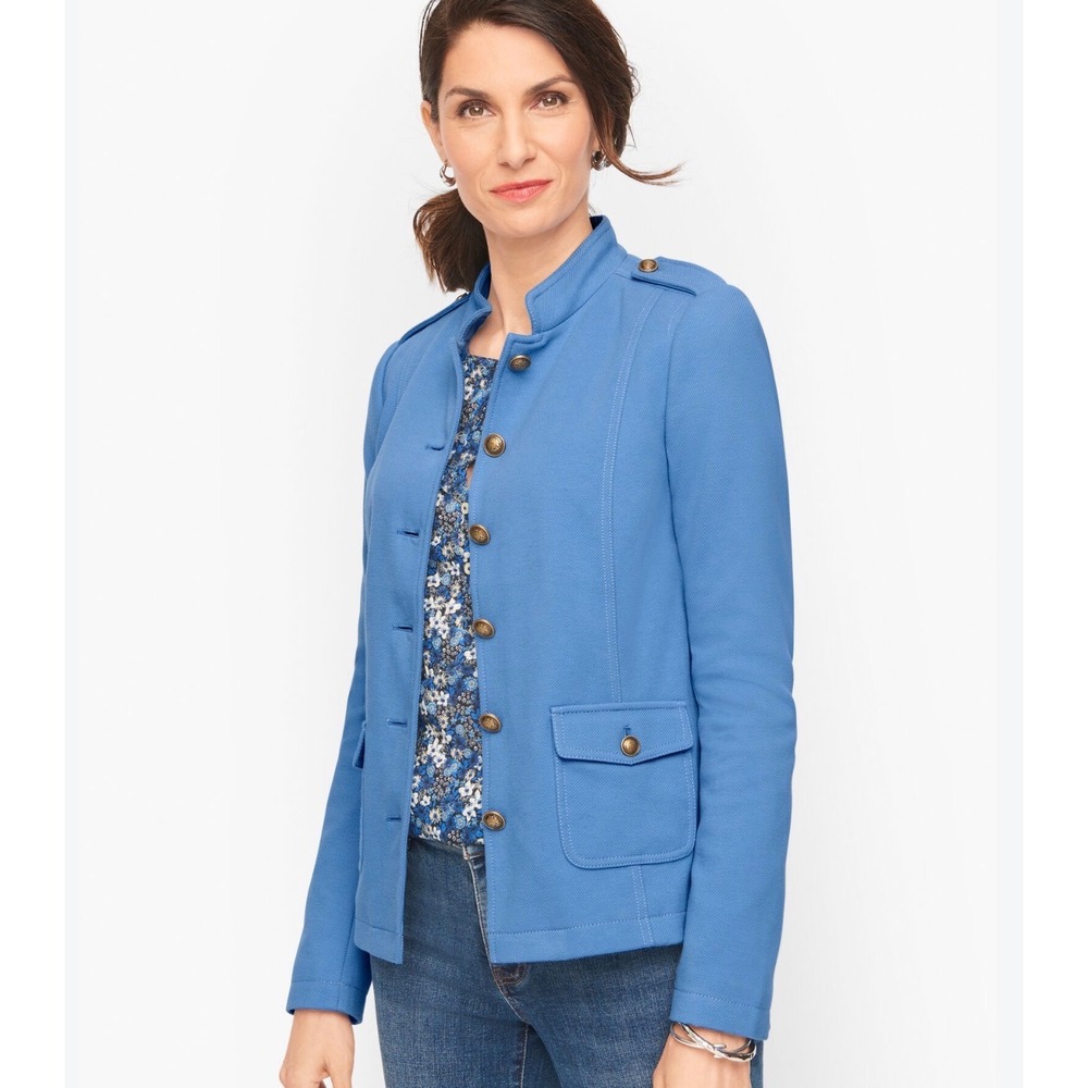 Talbots Cornflower Blue Military Jacket Gold Buttons Preppy Equestrian 12